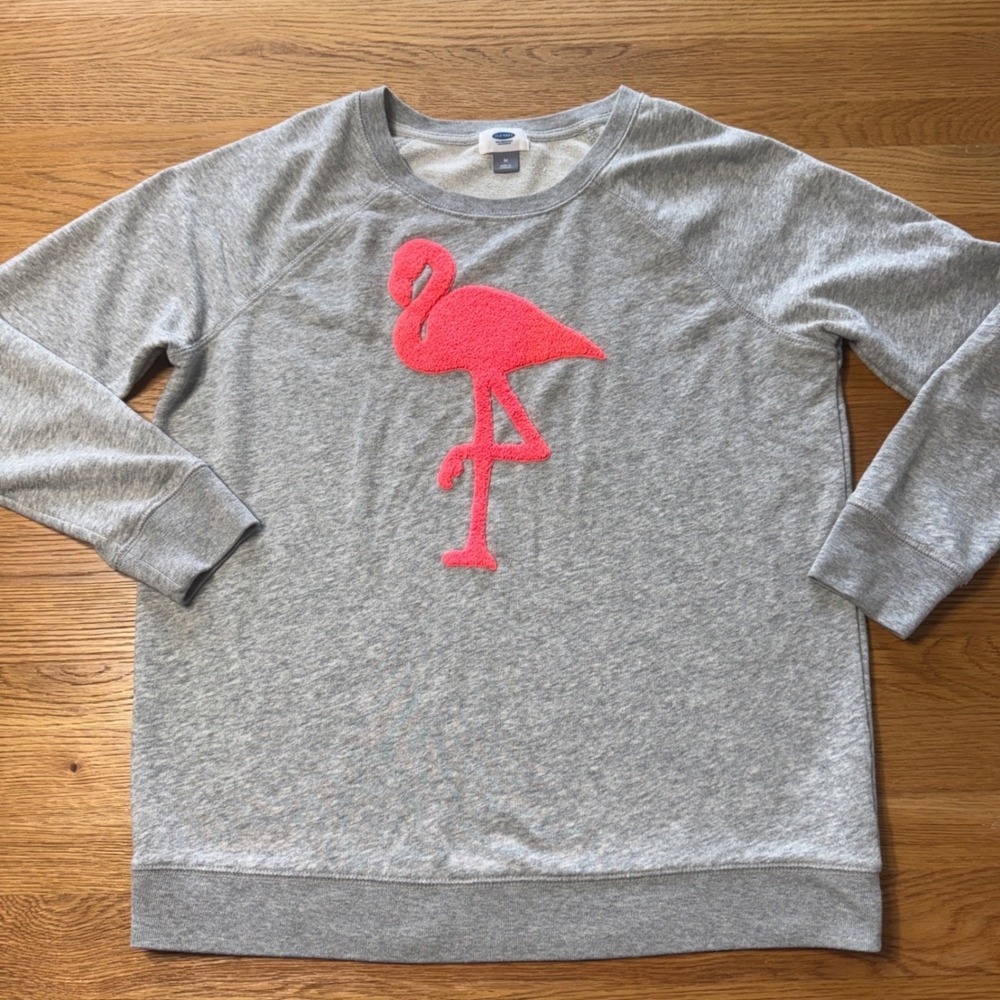 Old Navy Womens Gray Flamingo Sweatshirt Neon Pink Patch Raglan Pullover Medium